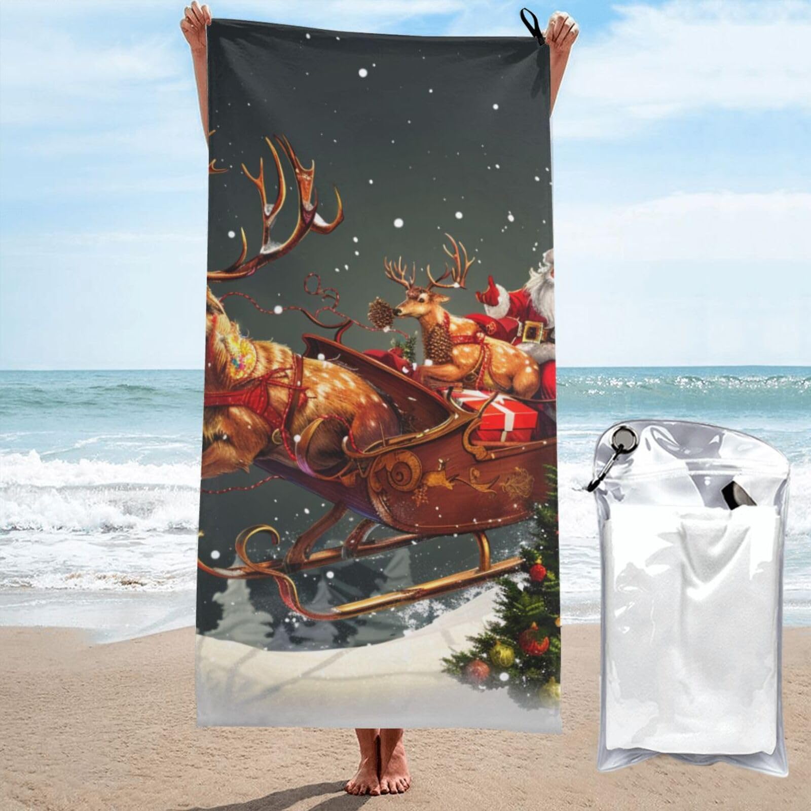 kkvhhyuo Microfiber Beach Towel, Merry Christmas print Printed Lightweight Quick Dry Travel Bath Sheet with Compact Carry Bag for Swimming Yoga Camping Gym,31.5"x63"