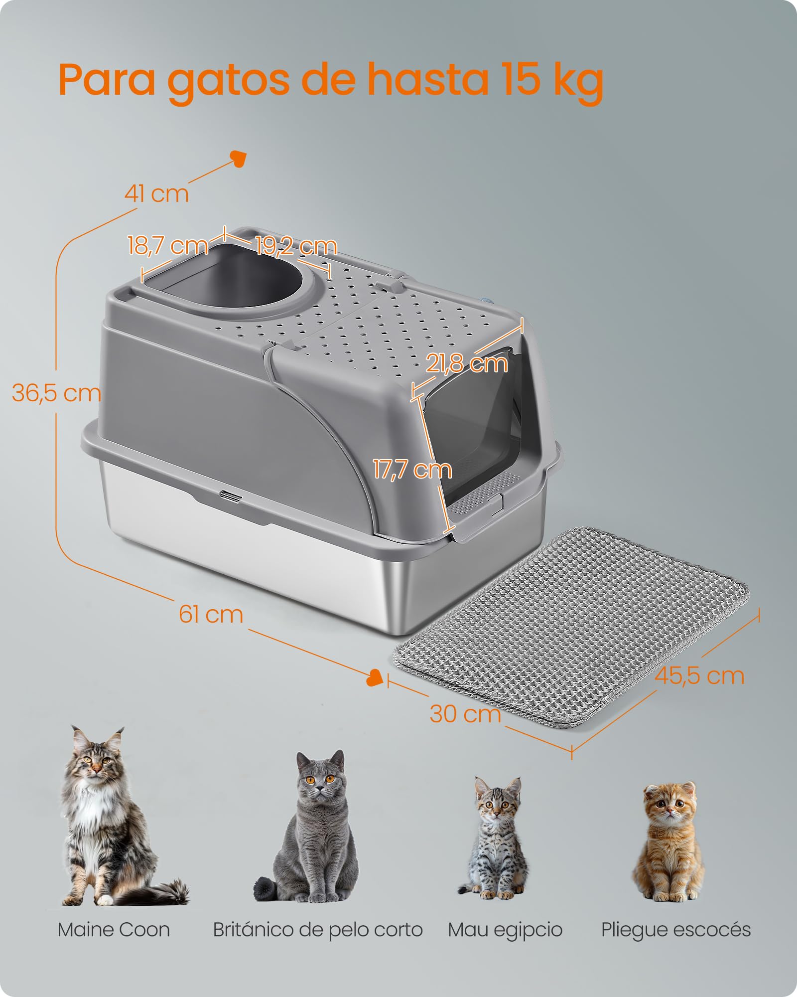 Feandrea Caja de Arena de Acero Inoxidable para Gatos con Tapa Abatible, Arenero XL, a Prueba de Fugas, Cuchara, Cepillo, Doble Entrada, Carga de Encimera de 15 kg, Gris Paloma PPT005G01