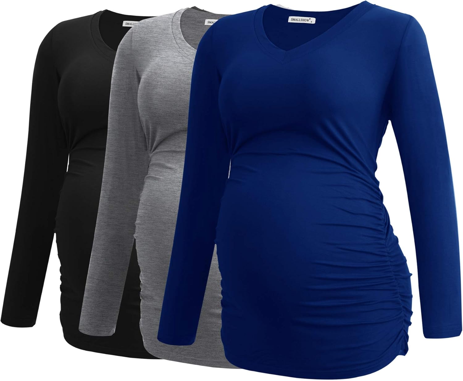 Smallshow Women's V-Neck Maternity Shirt Clothes Long Sleeve Ruched Pregnancy Top