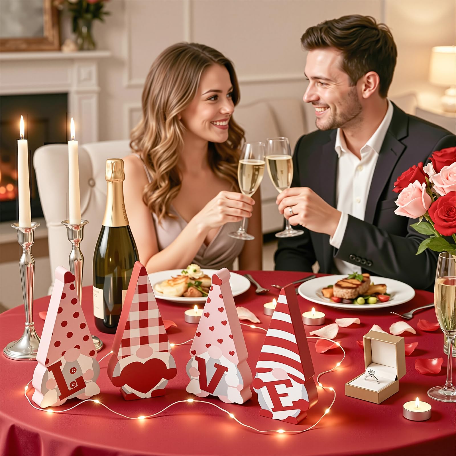 Decoraciones para el día de San Valentín – 4 letreros de gnomo de madera, decoración de bandeja escalonada de madera roja y rosa, bonita decoración del día de San Valentín para el hogar,