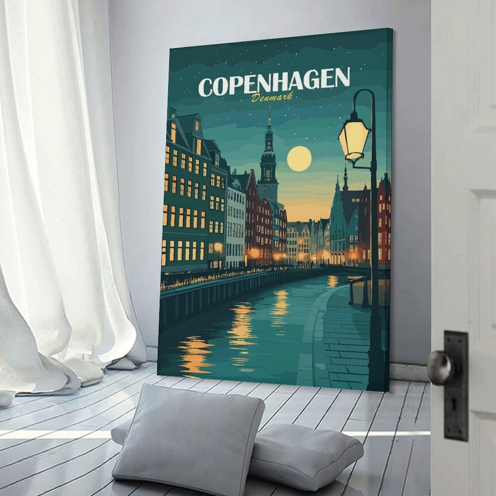 Junmoney Copenhagen, Denmark Cityscape at Night Wall Art Print 24x36inch(60x90cm), for Living Room, Bedroom Or Home Office, Thoughtful Wall Decor for Art Lovers