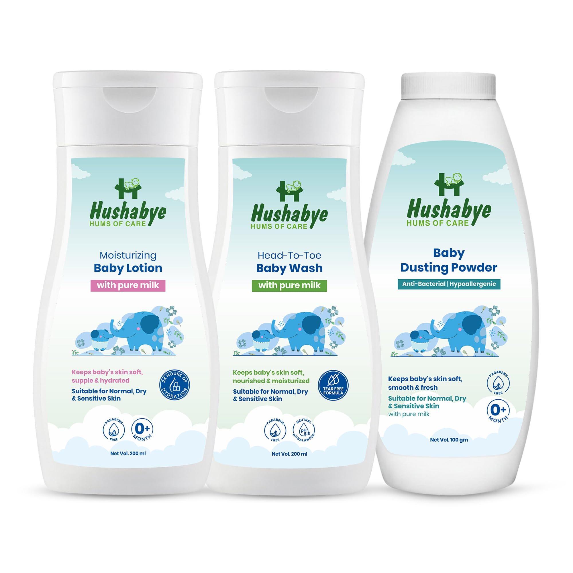 Hushabye Moisturizing Baby Lotion (200ml), Head to Toe Wash (200ml) & Dusting Powder (100g) with Milk Protein | pH Balanced for All Skin Types | Newborn Care Gift Set, Combo Pack of 3-image-7