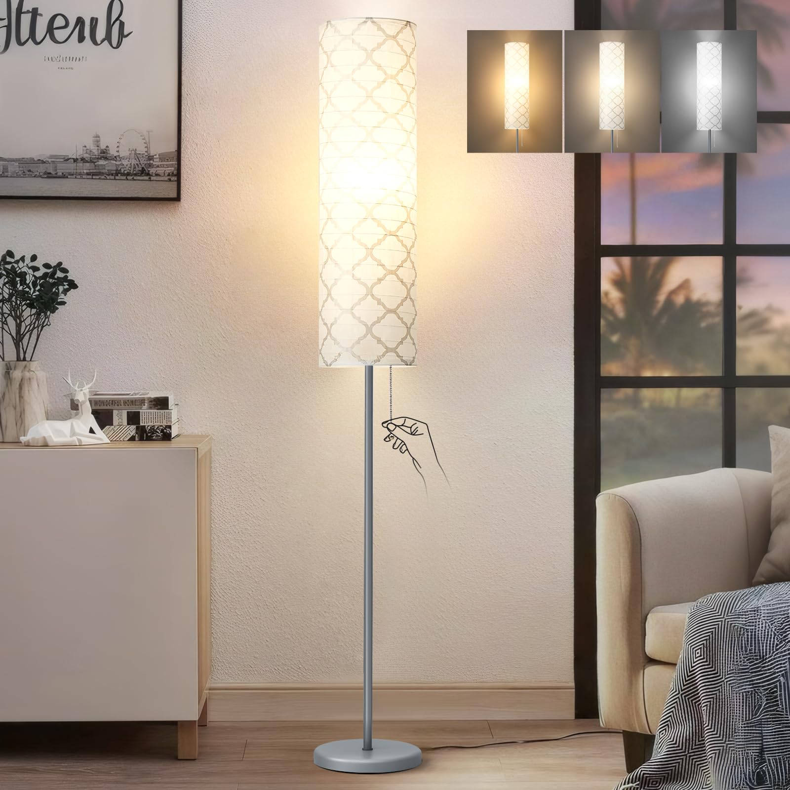 GyroVu Stehlampe für das Wohnzimmer, 65” stehende Lampe, hohe Lampe für das Schlafzimmer mit Papierlampenschirm, 3 Farbtemperaturen Stehlampe für das Wohnzimmer (Glühbirne enthalten)
