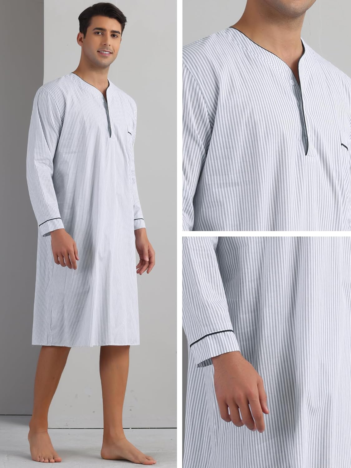 Lars Amadeus Stripe Nightgown for Men's Long Sleeved Button-Down Sleepwear Lounging Nightshirt