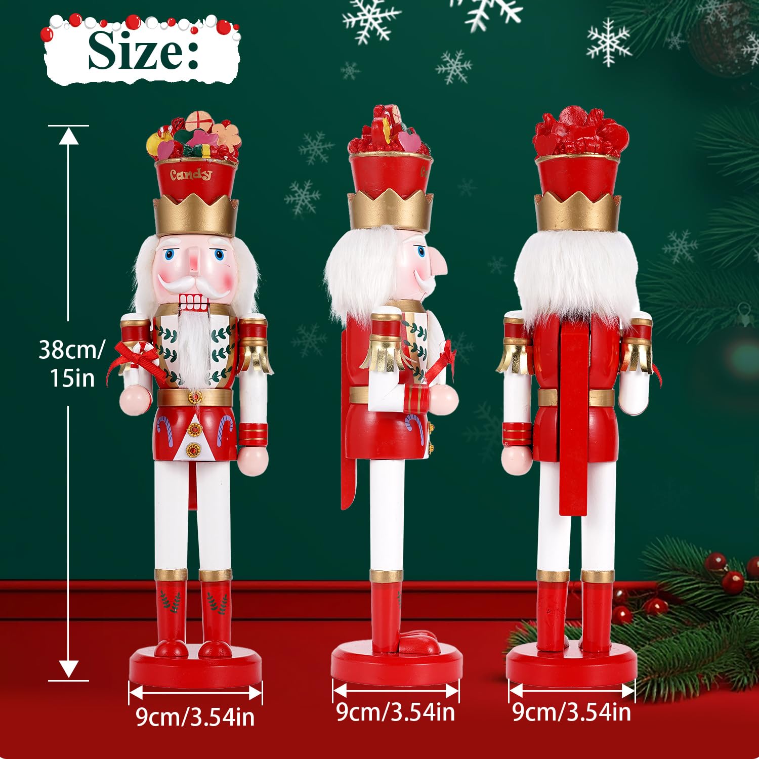 Schiaccianoci gigante da 38 cm (15 pollici) con bastoncino di zucchero e ghiaccio - Figura da collezione in legno - Decorazione natalizia creativa per casa, feste o come regalo (versione