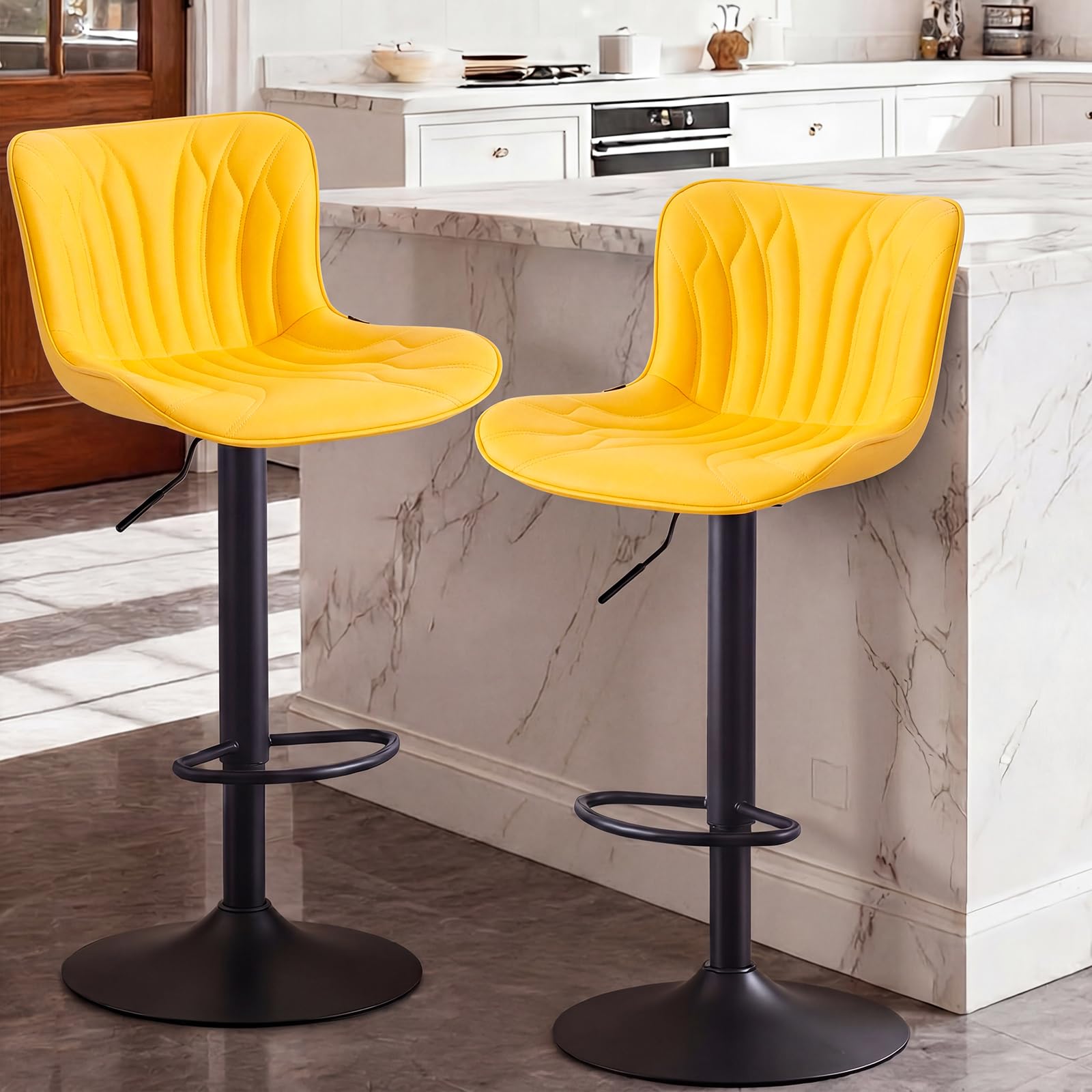 Kidol & Shellder Bar Stools Set of 2 Breakfast Barstools Adjustable Swivel Faux Leather Wing Back Counter Stools, Yellow, 3-5 Mins to Assemble, Loads 300lbs