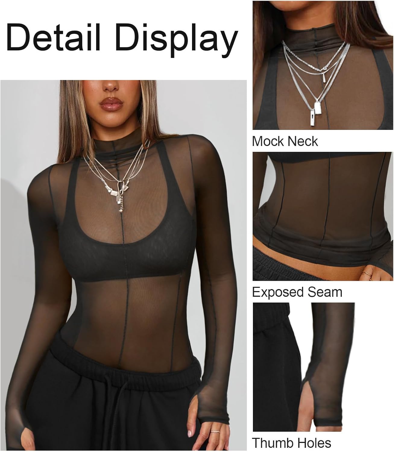 Mesh Sheer Long Sleeve Layering Tops for Women Mock Neck Sexy Going Out Lace Tee Shirt See Through Party Club Concert Blouse - Image 3