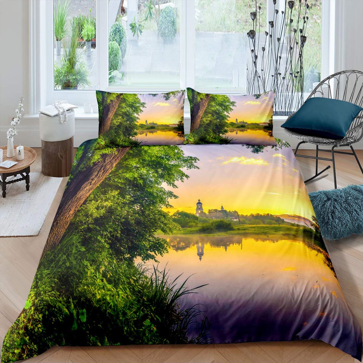 Biancheria da letto con motivo foresta, set di biancheria da letto con paesaggio, piumone con alberi in silhouette, arredamento per la casa in stile vintage, copripiumino rustico - Italia