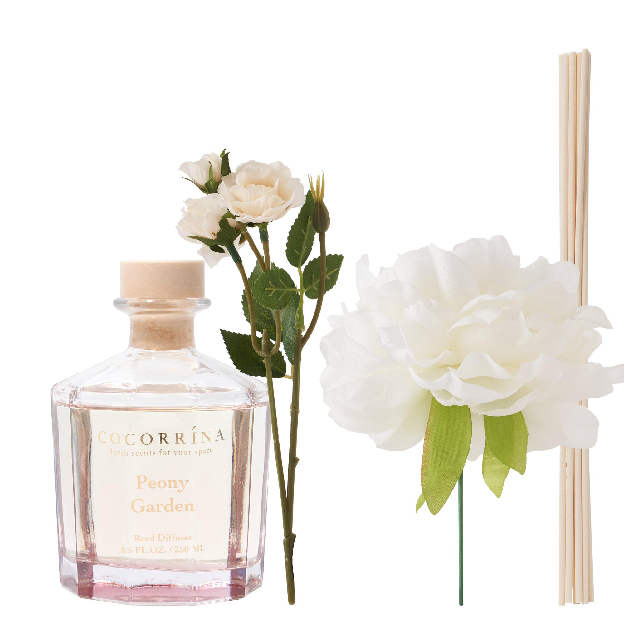 COCORRÍNA Peony Garden 250 ml dyfuzor z trzciny kwiatowej, zestaw z 8 patyczkami, zapach do domu, do sypialni, biura, łazienki