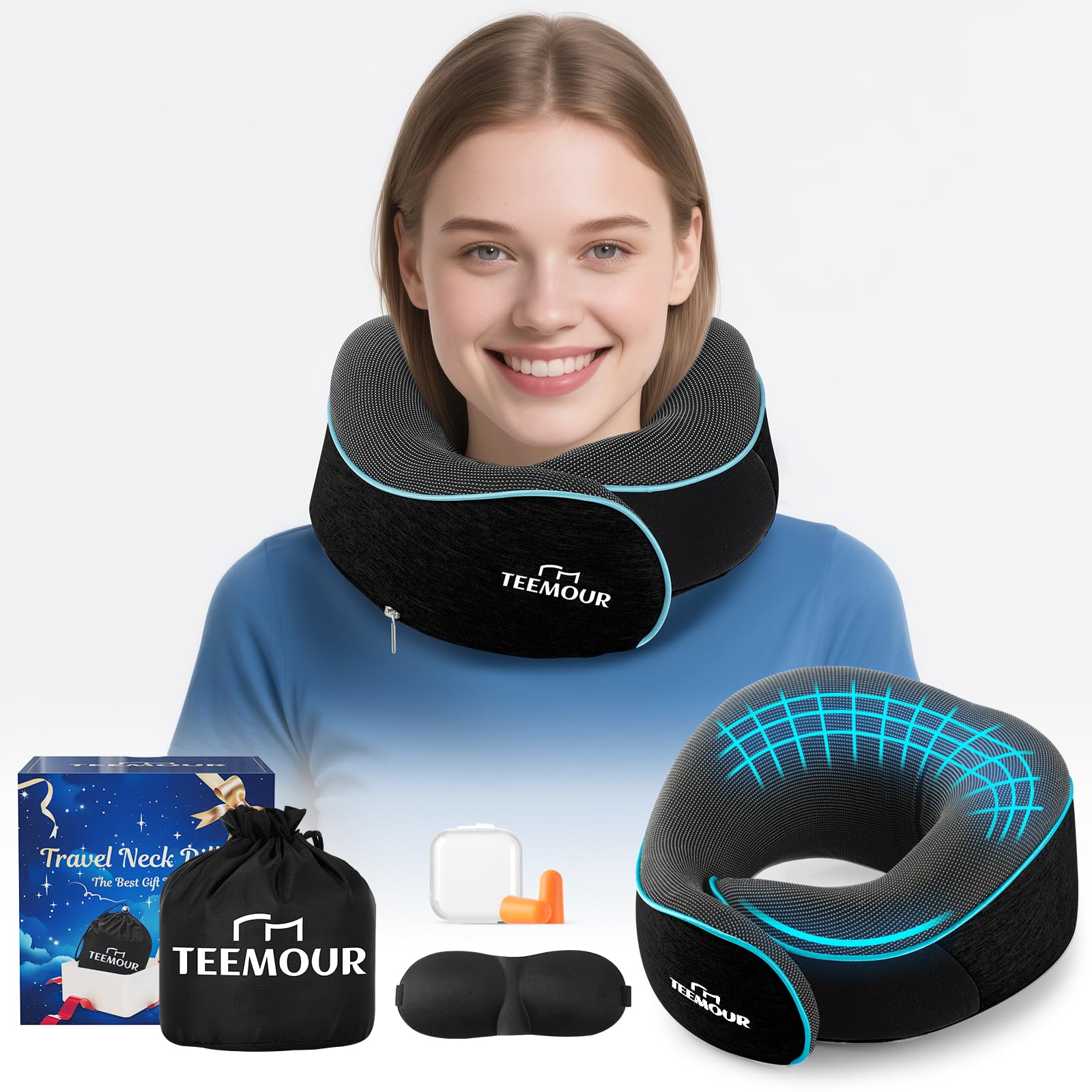 Travel Neck Pillows for Airplanes Neck Pillow, Memory Foam Updated Resting Material, Airplane Travel Set with 3D Contoured Eye Masks, Earplugs, and Luxury Mesh Bag (Black)
