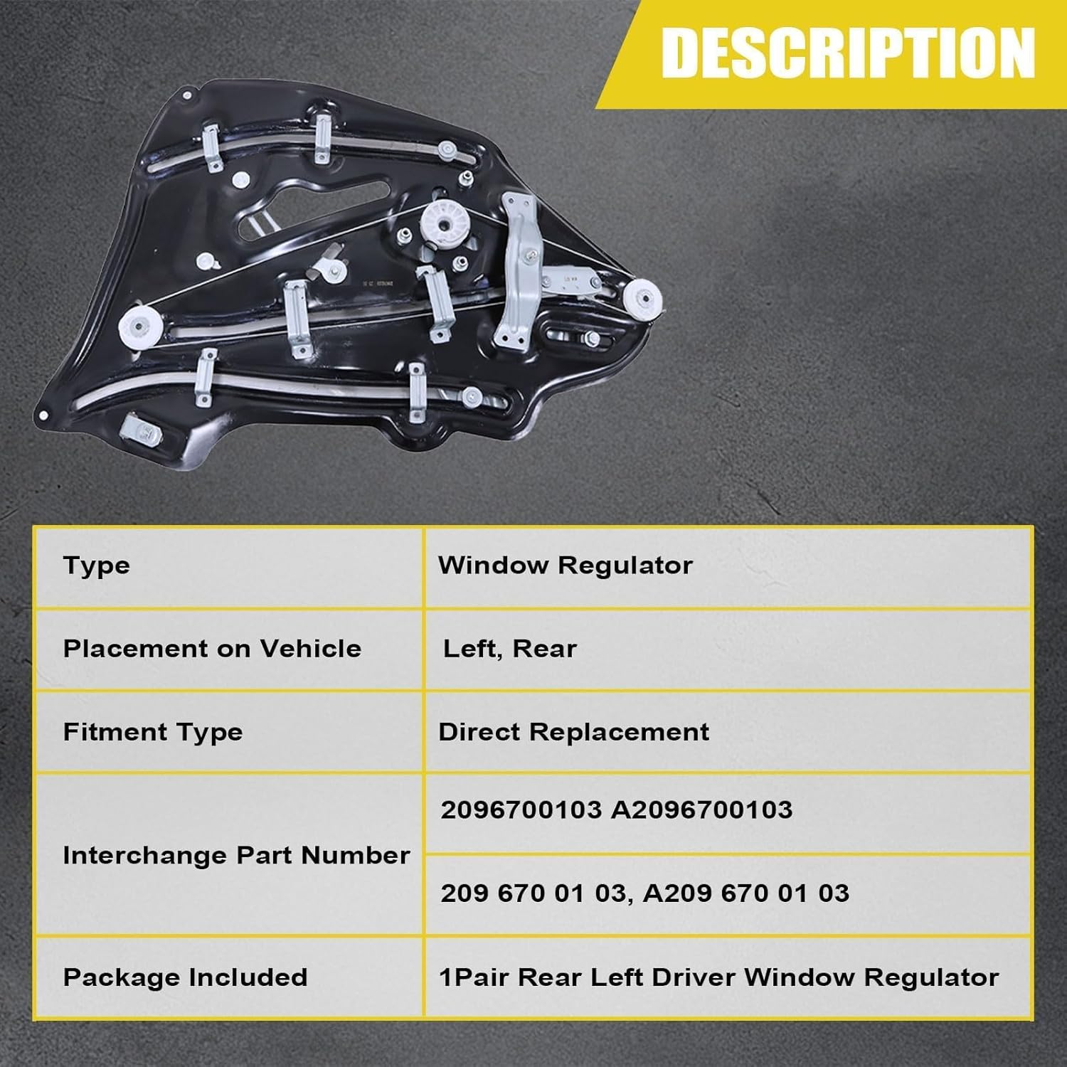 SecosAutoparts 2096700103 A2096700103 Rear Left Driver Side Window Regulator Compatible with Mercedes CLK W209 CLK500 CLK320 CLK350 CLK55 CLK63 AMG 2003-2009 Quarter Glass Window Regulator