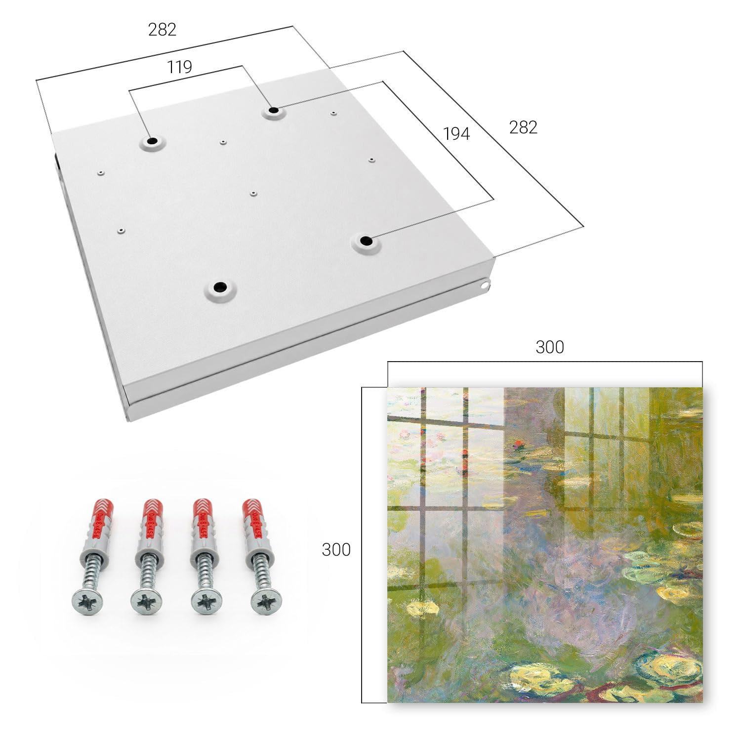 Tulup Armario de Llaves 30x30 cm | Blanco | Derecha | Montaje en Pared | La paz del estanque | Kit de Montaje Incluido | Frente Decorativo de Cristal | de Metal | Organizador | 50 Ganchos