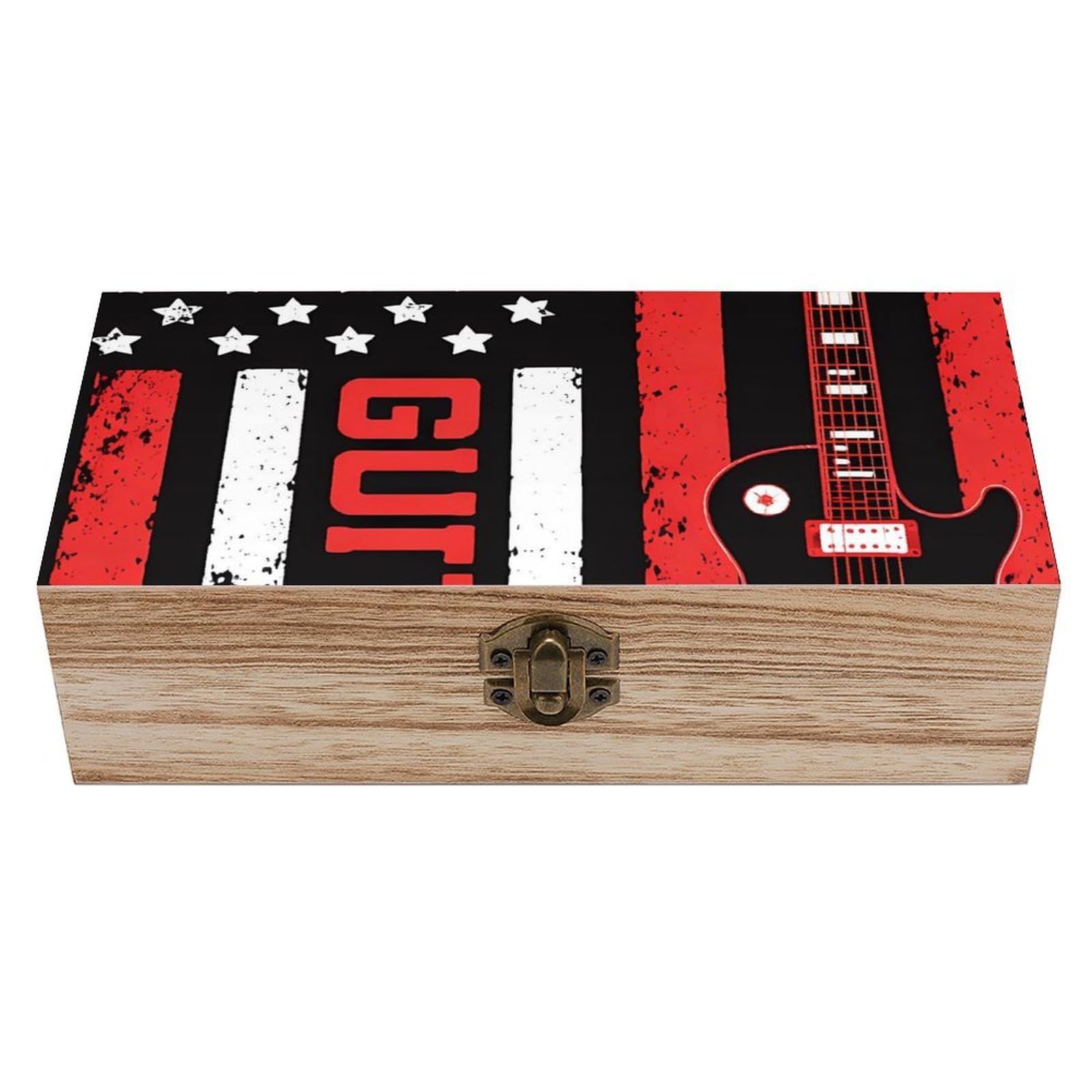 SMAZDFXX US Flag Guitar Wooden Storage Box With Hinged Lid Decorative Front Clasp Keepsake Boxes