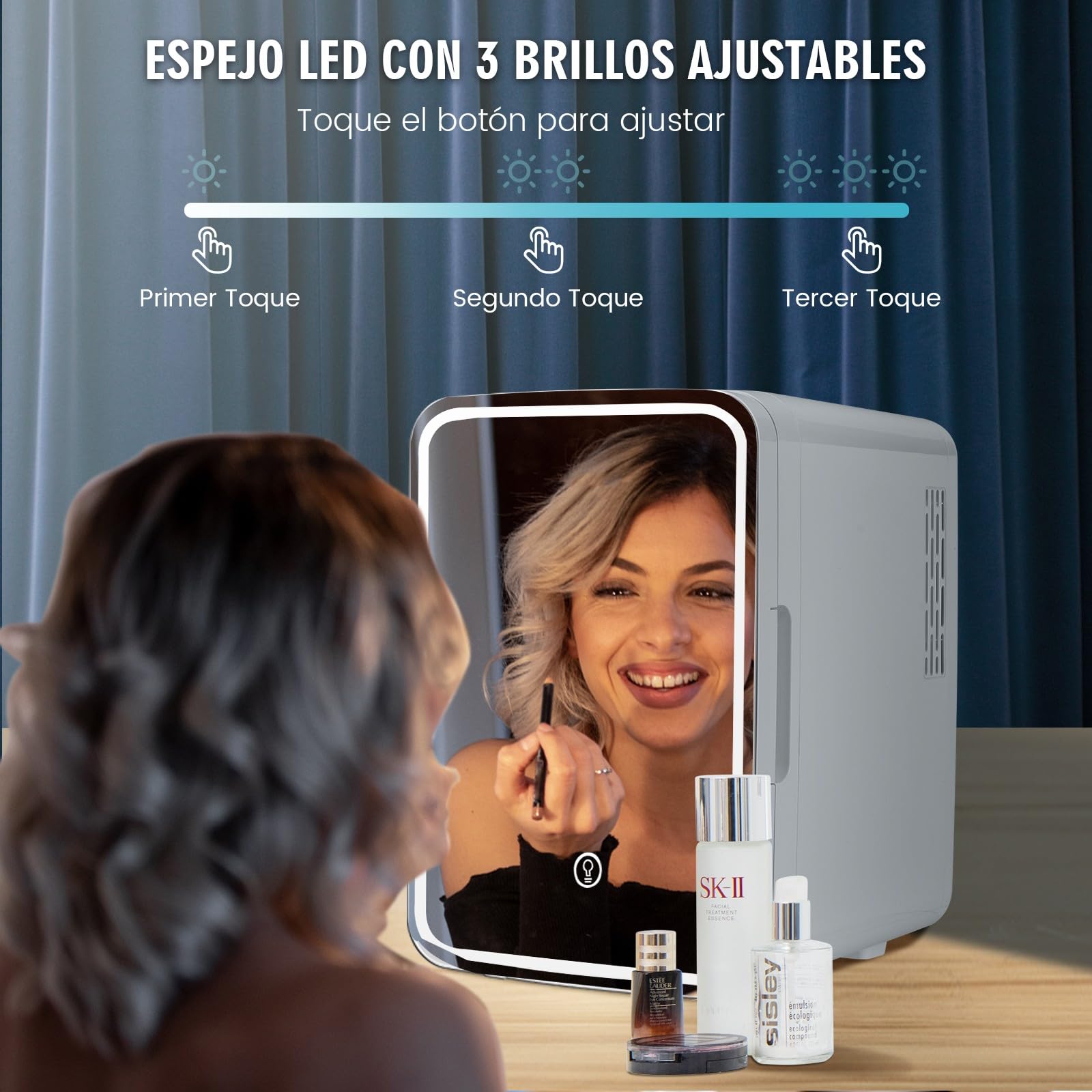GOPLUS Mini Nevera para Maquillaje 10L de -5 a 50 ℃, Mini Refrigerador con Espejo LED, Refrigerador de Belleza con Modo Frío/Calor y Estantes Extraíbles para Refresco Cosmético, 23 x 28 x 34 cm