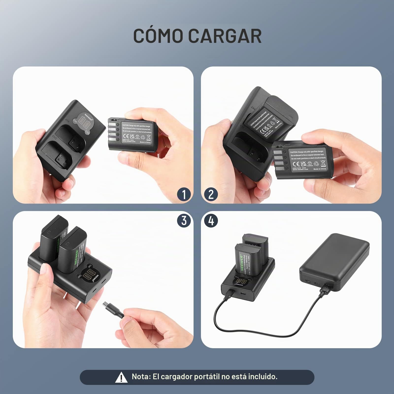 NEEWER Juego de Batería y Cargador Repuesto para DMW-BLK22, Compatible con Panasonic Lumix DC-S5 GH5 II S5II GH6 S5 IIX S9, Paquete de 2 Baterías 2400 mAh y Cargador USB Doble Canal Tipo C