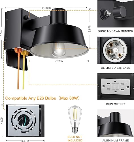 Miniatura 6 de Ehaho Luces de porche con tomacorriente, luz exterior del atardecer al amanecer integrada, linterna impermeable antioxidante con salida GFCI,