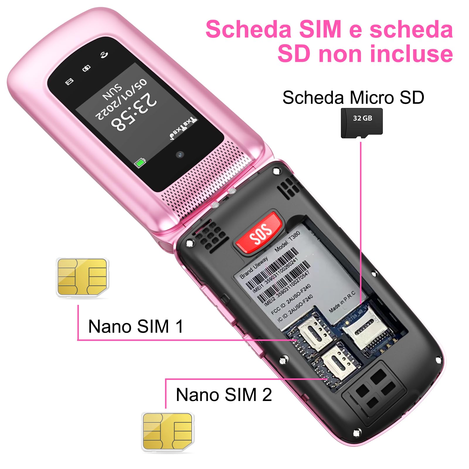 4G Telefono Cellulare per Anziani | Flip Telefoni Cellulari con Tasti Grandi | Doppia SIM | Annunci vocali | Volume alto | Funzione SOS | 2.4"+1.77" Doppio Pantalla | Selezione Rapida | Rosa