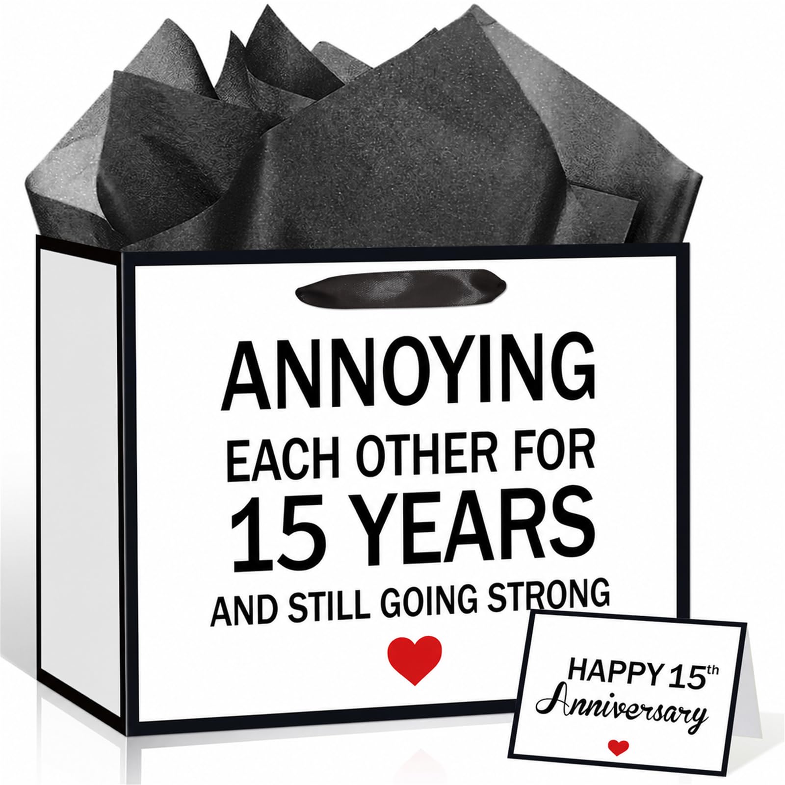 Funny 15th Anniversary Paper Gift Bag with Card & 3 Sheets Black Tissue Paper, Double Sided "Annoying Each Other for 15 Years" Present Bag for Couple Husband Wife, Large Luxury Gift Wrap