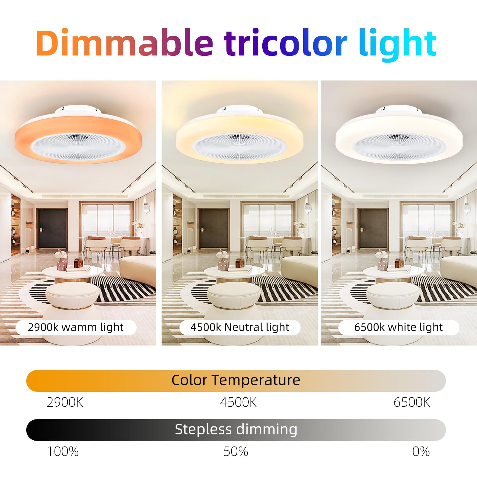 AHXIAOZN RGB Ventilatore da Soffitto, 50CM LED Lampadario con Ventilatore Soffitto Dimmerabile, 6 Velocità 3 Temperature, Silenzioso Ventilatore da Soffitto con Luce e Telecomando&APP(Bianco)