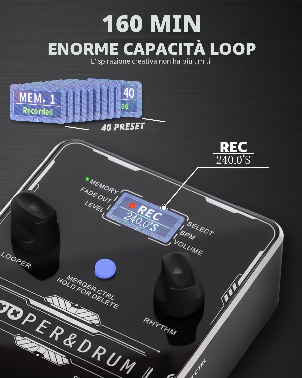 STRICH Pedale Looper stereo con drum machine, 100 modelli batteria, 160 minuti registrazione, USB audio, editing software