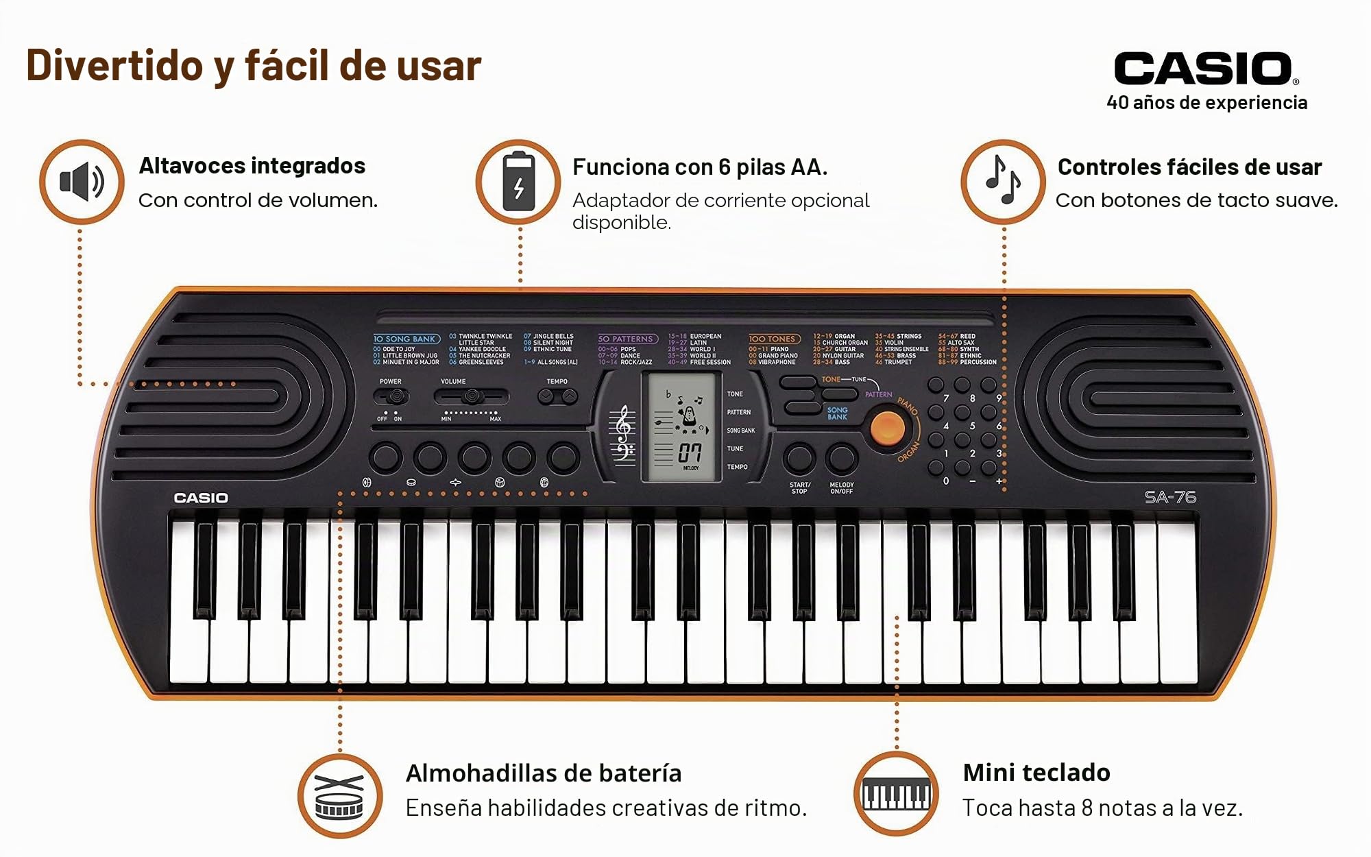 CASIO SA-76H7 - Teclado electrónico, color negro y naranja