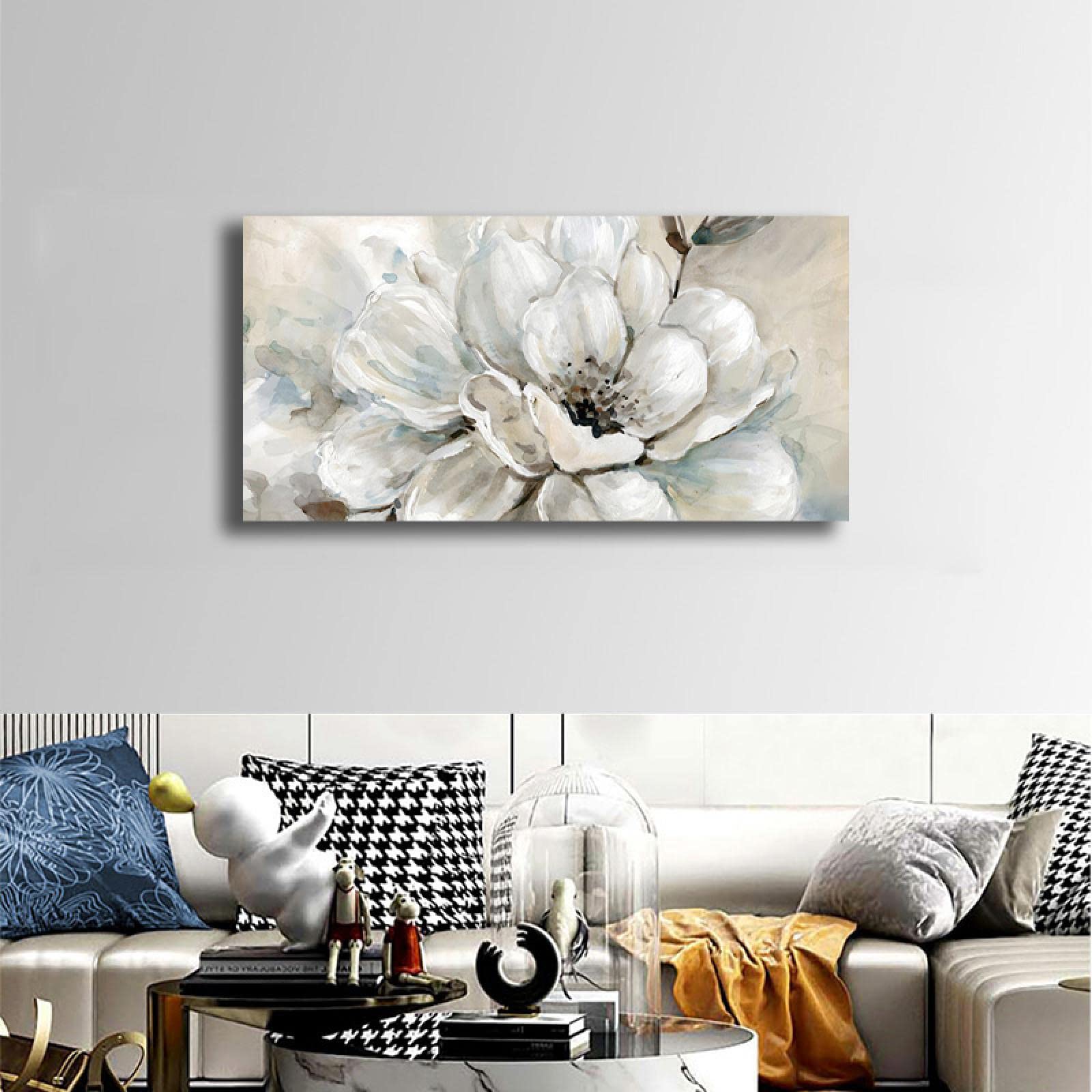 JINQIN Cuadros flores para sala de estar. Imagen de decoración abstracta. Tinta blanca peonía-impresión sobre lienzo. Pintura de lienzo enmarcado para lienzo envuelto en pared 50x100cm