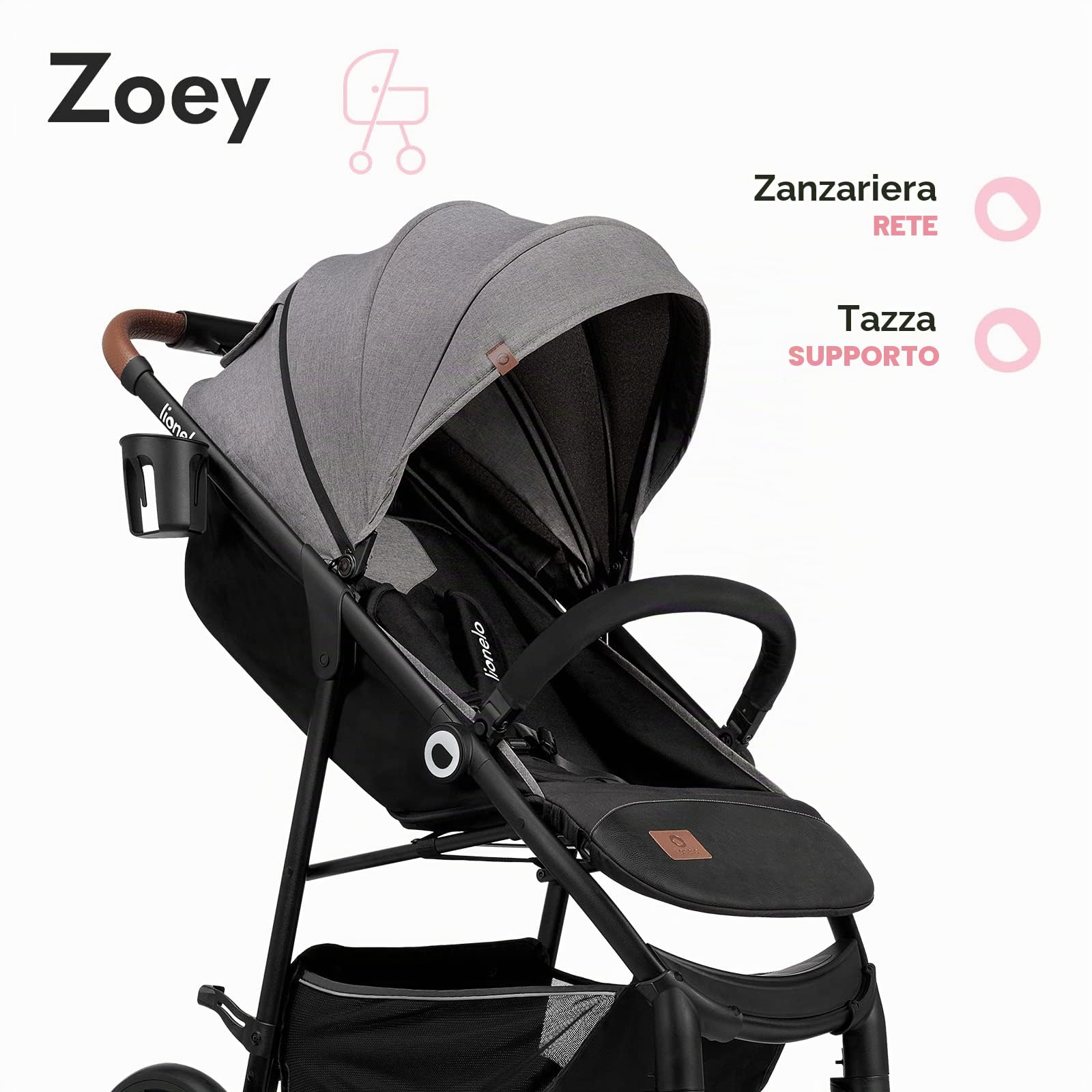 LIONELO Zoey Passeggino Leggero Pieghevole per Bambini fino a 15 kg | Schienale Reclinabile, Poggiapiedi Regolabile, Ruote in Schiuma EVA, Cappottina XXL con Protezione Solare, Zanzariera