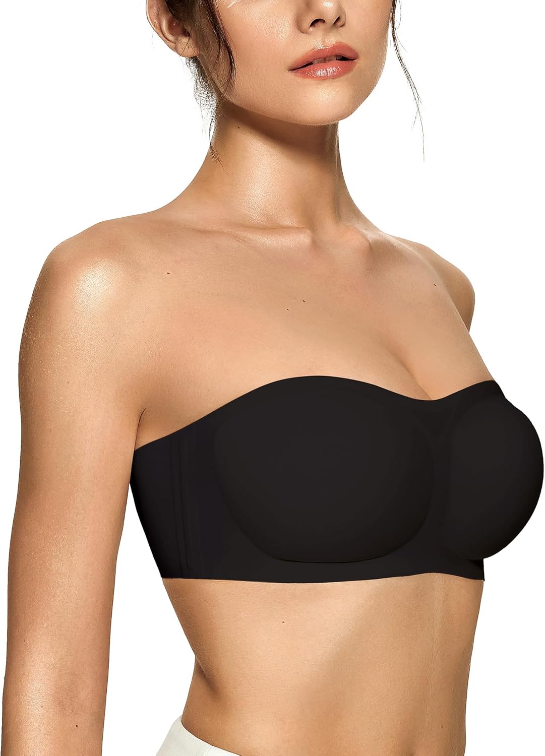OEAK Womens Strapless Bras Push Up Bandeau Bra Non Slip Wireless Supportive Padded Bras Seamless Comfortable Tube Bra Black Large