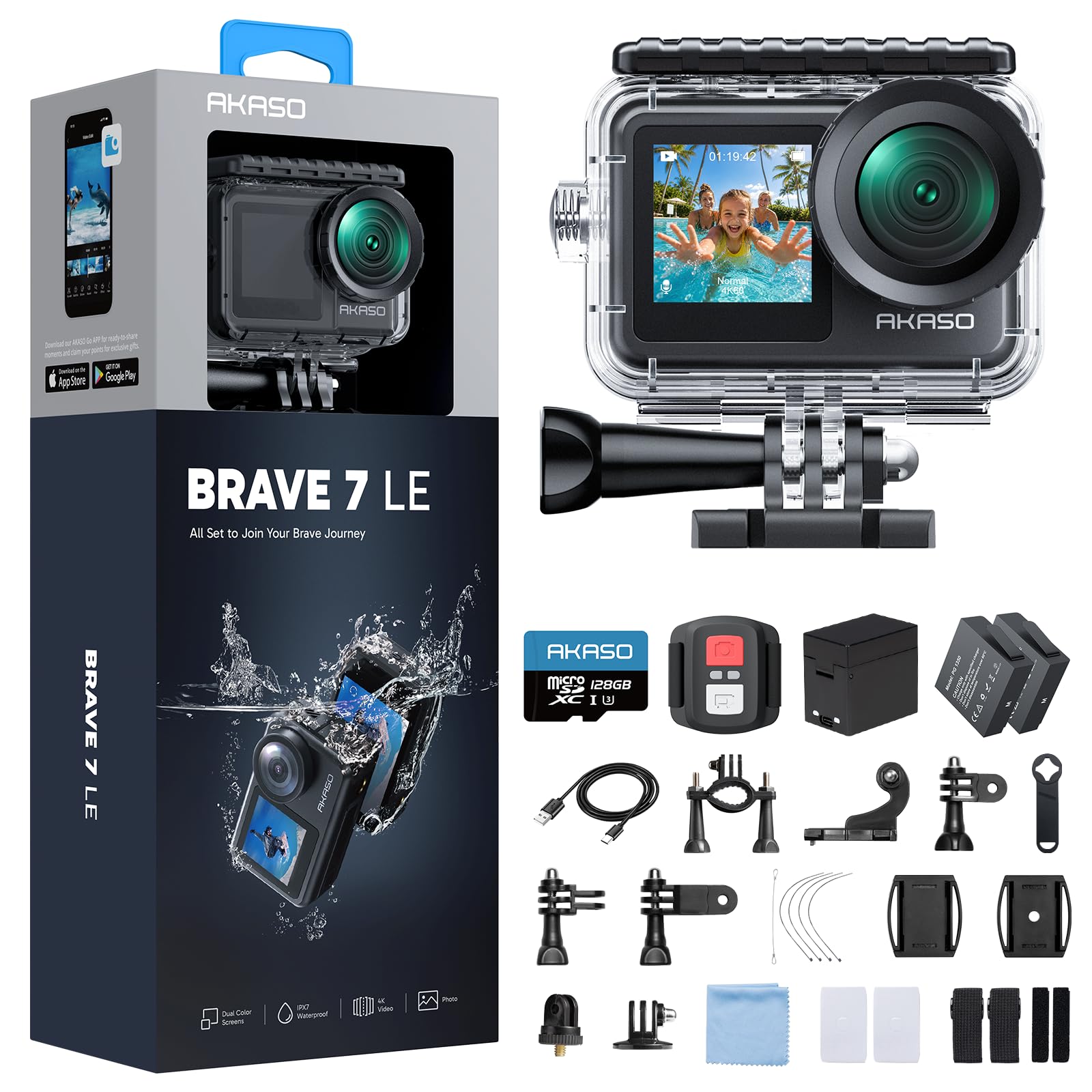 AKASO Brave 7 Caméra Sport 4k 30FPS 20MP WiFi 40M Plongée Écran Tactile IPX7 EIS 2.0 Double Écran 128 Go