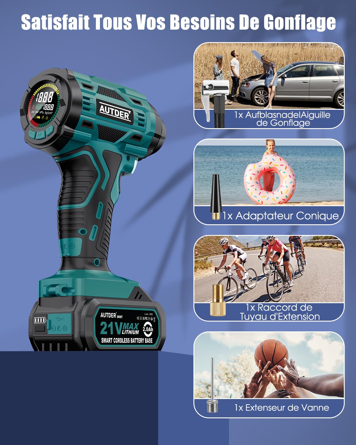 AUTDER Gonfleur Pneus 180 PSI Sans Fil avec Arrêt Automatique | 180 PSI et débit d'air jusqu'à 50 L/min pour un gonflage rapide des pneus et équipements gonflables.