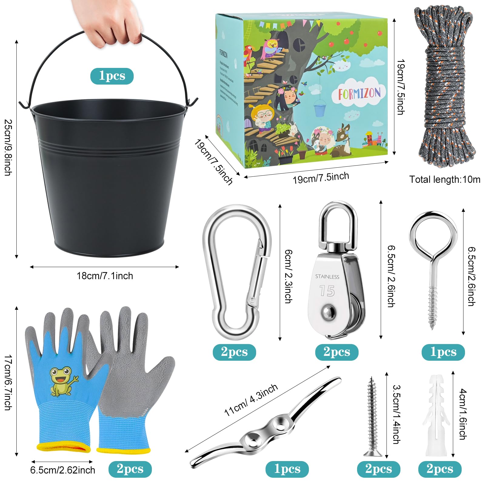 FORMIZON Puleggia per bambini, puleggia con secchio in metallo, sistema puleggia per bambini e secchio pieghevole, accessori per capanna in alberi e torre di gioco, giocattoli da giardino per bambini