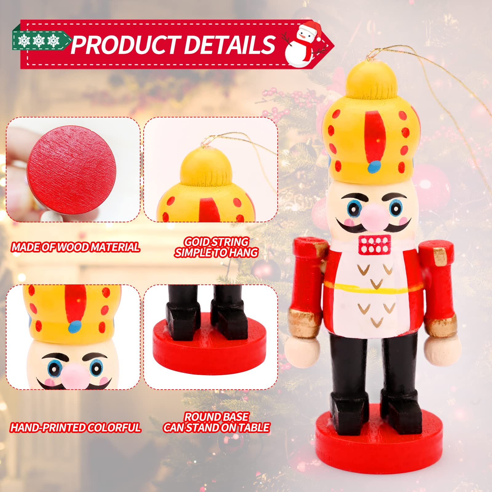 6 Pcs Mini Nutcracker Soldier Ornaments - 6cm Wooden Christmas Tree Decorations (Red)