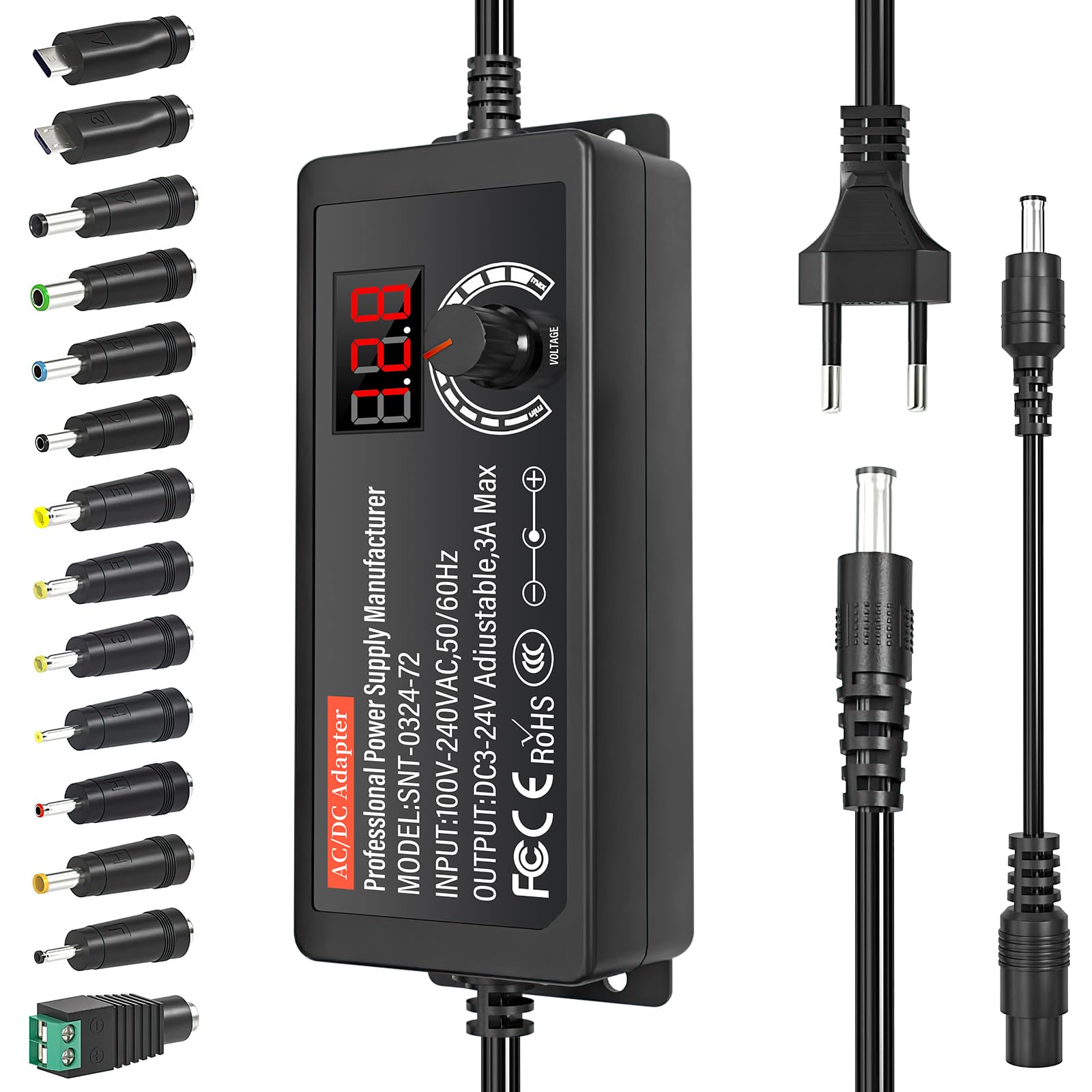 Alimentatore Universale 72W 3-24V Regolabile – Adattatore AC/DC Con Display, 14 Punte E Convertitore Di Polarità Per Dispositivi Elettronici