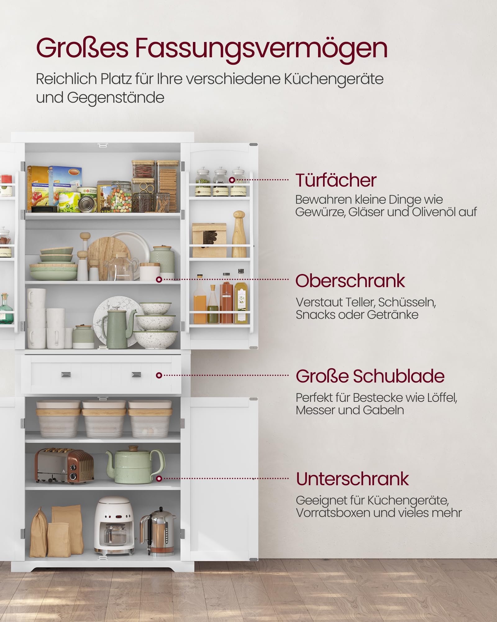 VASAGLE Küchenschrank, Hochschrank Küchenbuffet Vitrinenschrank, Buffetschrank mit Verstellbaren Ablagen, Esszimmerschrank mit Schubladen, für Wohnzimmer Küche, 40 x 76 x 182,1 cm, Weiß BBC561W21