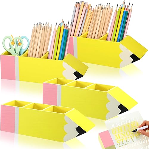 4 soportes para bolígrafos en forma de lápiz, dispensadores de lápices de escritorio de madera, regalos de regreso a clases, almacenamiento de