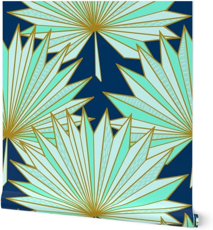 Removable Wallpaper 3ft x 2ft - Art Deco, Palm, Fan, Navy, Mint, Tropical, Geometric, Origami, Inspired, Gold, Blue, Modern, Beach, Custom Pre-Pasted Wallpaper by Spoonflower