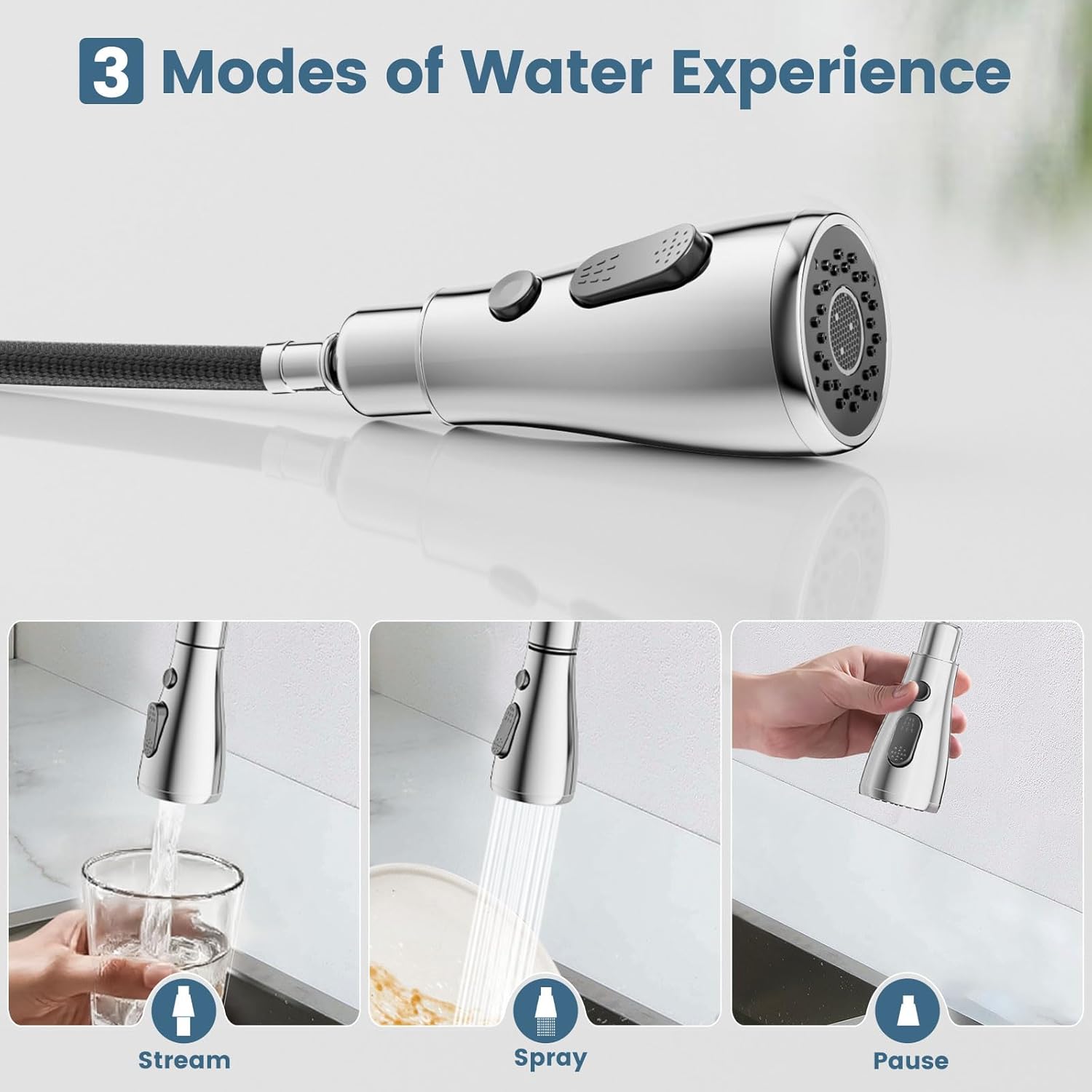 Hurran Kitchen Sink Faucet with Pull Down Sprayer, 2 Handles High Arc Stainless Steel Kitchen Faucet with Escutcheon, Suitable for Kitchens, RVs, and Bars, Chrome