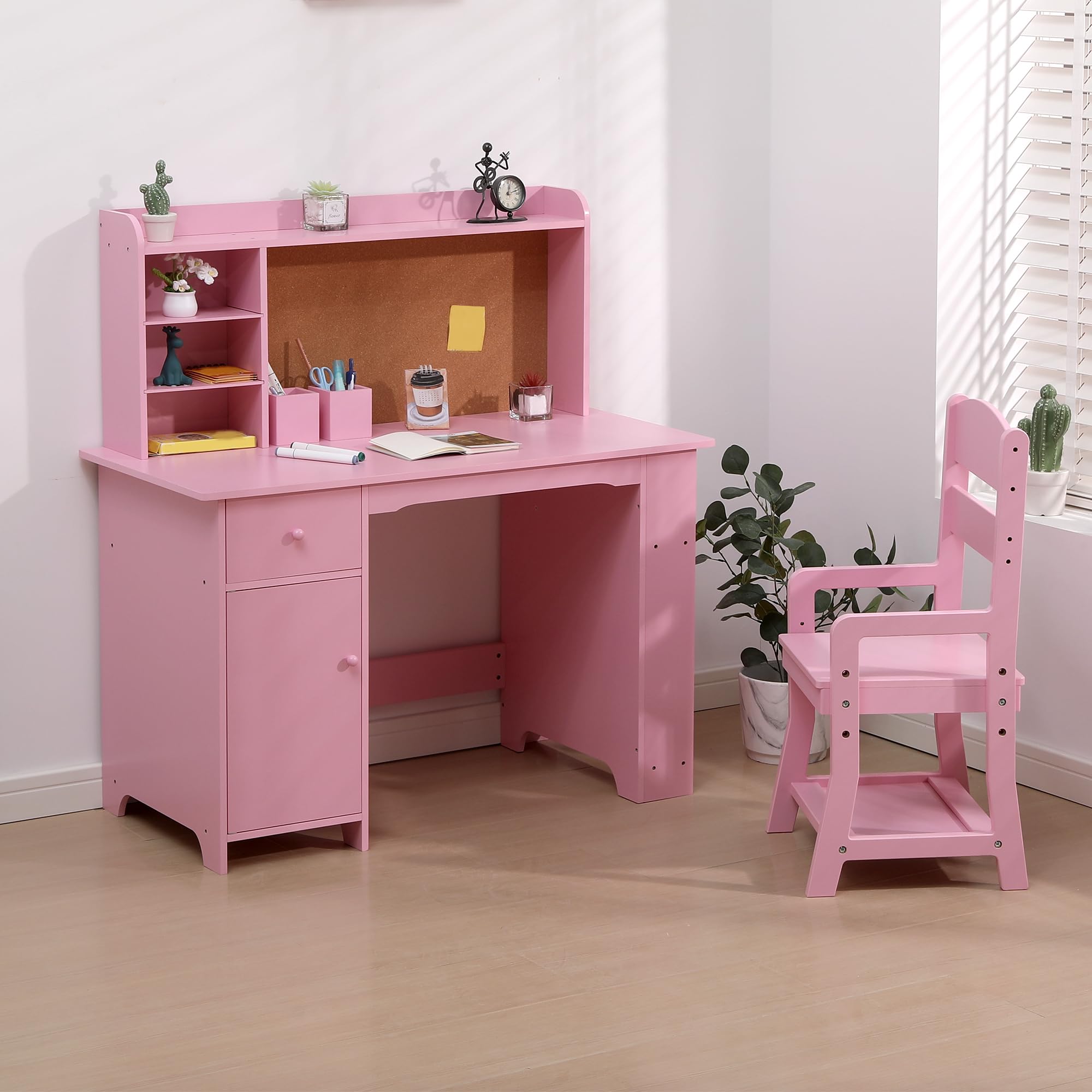 dainslef Kids Desk and Chair Set, Wooden Children Study Table with Storage Shelves, Cork Bulletin Board, Drawer and Cabinet, Student Computer Workstation Writing Desk for Kids Bedroom, Pink