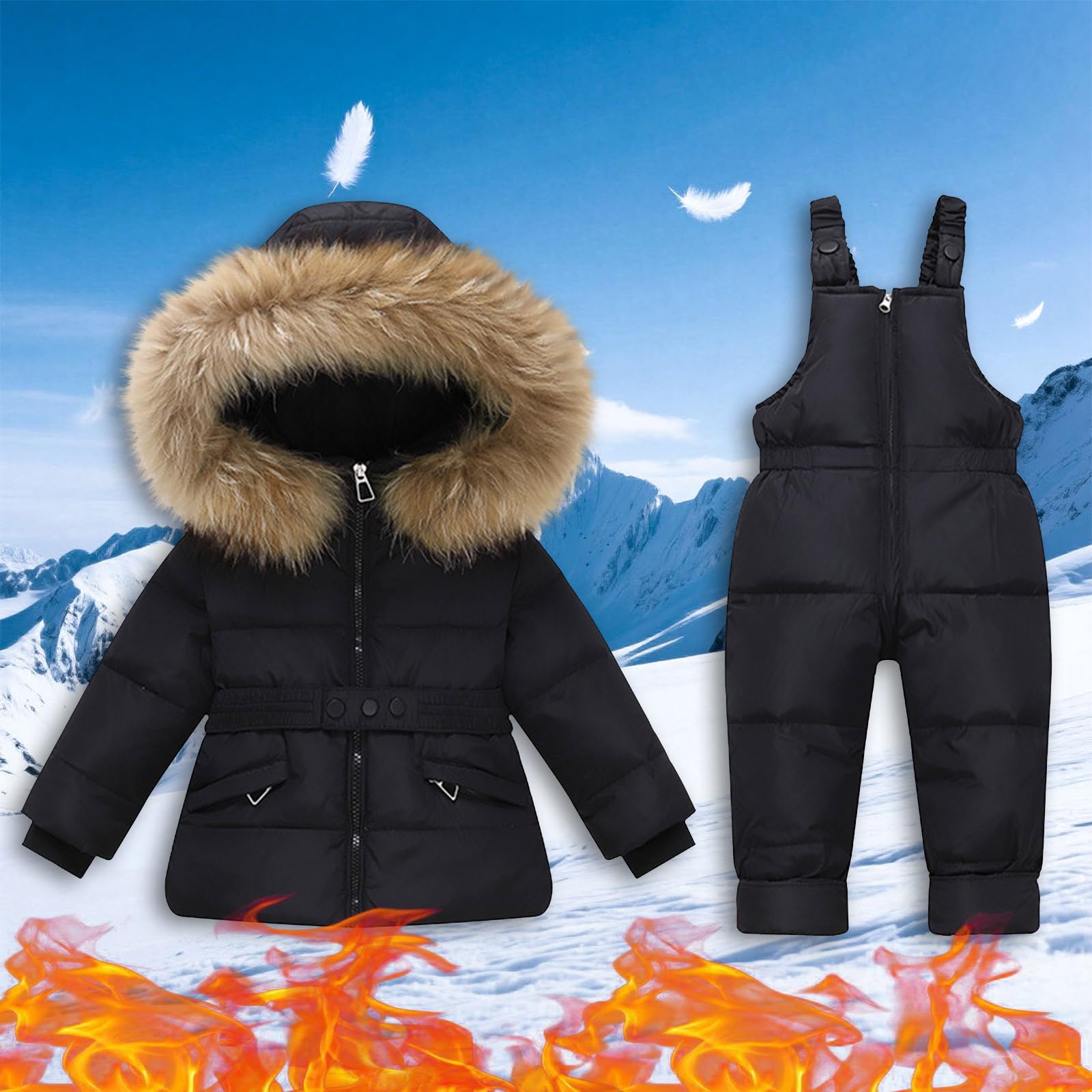 Tuta da neve invernale per bambini, 2 pezzi, tuta da sci, piumino ultraleggero e bavaglino, pantaloni da neve in pelliccia sintetica con cappuccio piumino e pantaloni, set da snowboard per attività