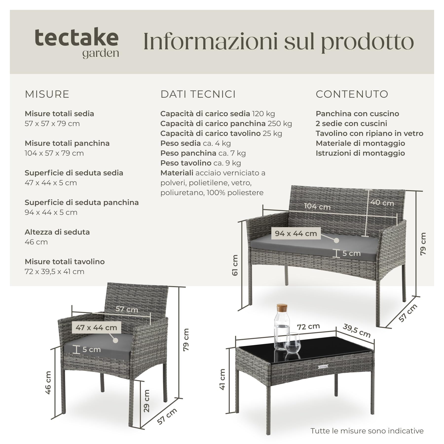 Tectake Set da Giardino in Rattan 4 Posti Polyrattan Resistente Cuscini Idrorepellenti Lavabili Tavolino Vetro di Sicurezza Grigio
