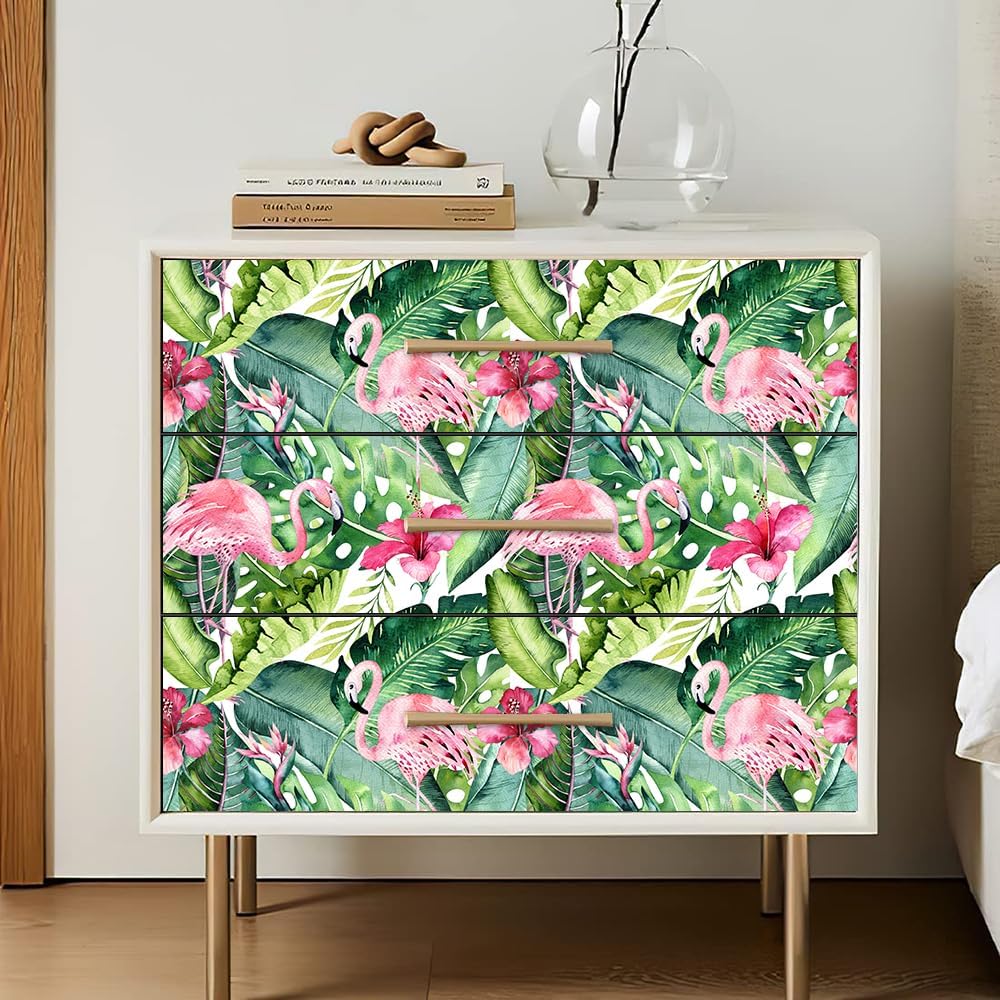 Watercolor Flamingo Tropical Peel and Stick Wallpaper Contact Paper Palm Leaves Removable Stick on Wallpaper Green/Pink Vinyl Self Adhesive Shelf Liner 17.7in x 19.6ft