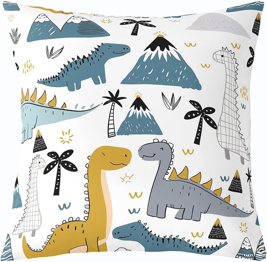 Dinosaur Decorative Pillow Cover 24X24, Cute Cartoon Animal Throw Pillow Cover for Outdoors Chair Car, Girls Kawaii Dino Cushion Case, Lovely Dinosaur Animal World Theme Pillow Cover, White