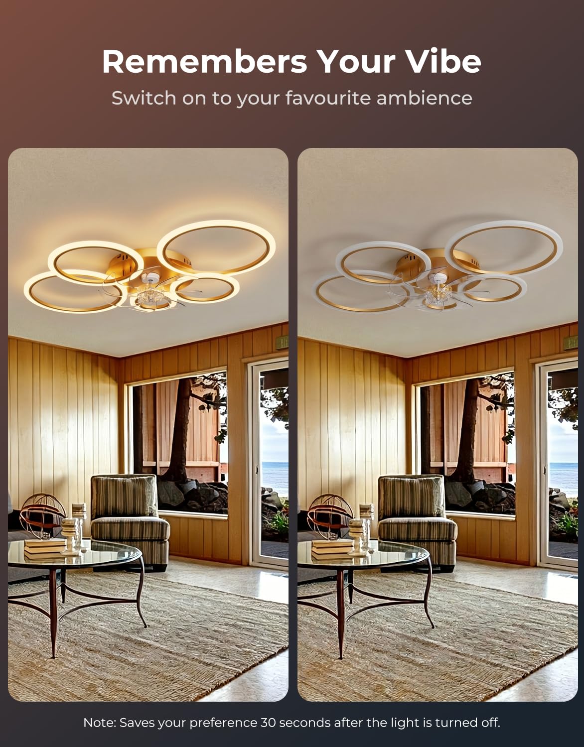 Plafoniera con Ventilatore da Soffitto, Anelli Lampadario Led con Ventilatore da Soffitto, Dimmerabile, Motore DC, Modalità Estate Inverno, Ventola Soffitto con Luce e Telecomando, Oro
