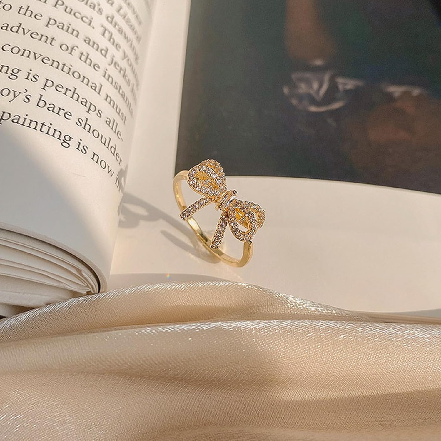 HETICA Bow Ring for Women, Zirconia Butterfly Ring Adjustable Open Rings Ribbon Jewelry Gift - Image 3