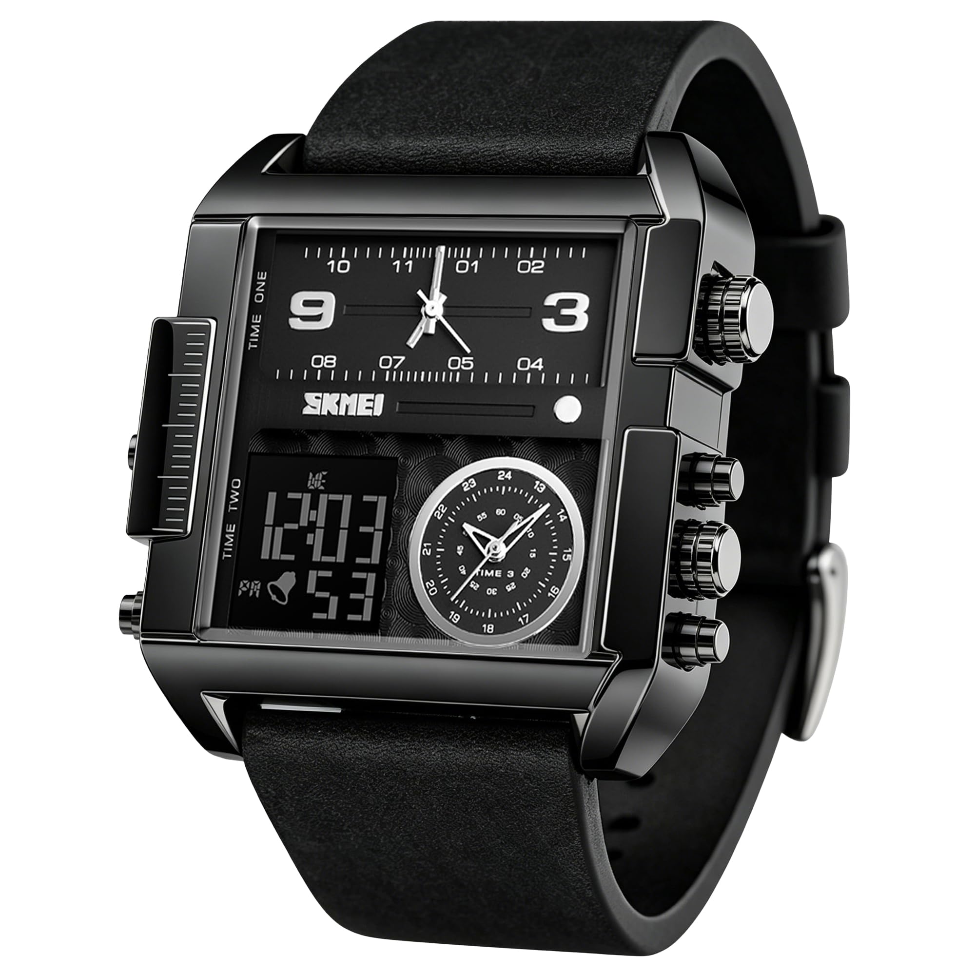 SKMEI Montre de sport numérique pour homme avec grand cadran LED carré et affichage analogique à quartz avec plusieurs fuseaux horaires et chronomètre