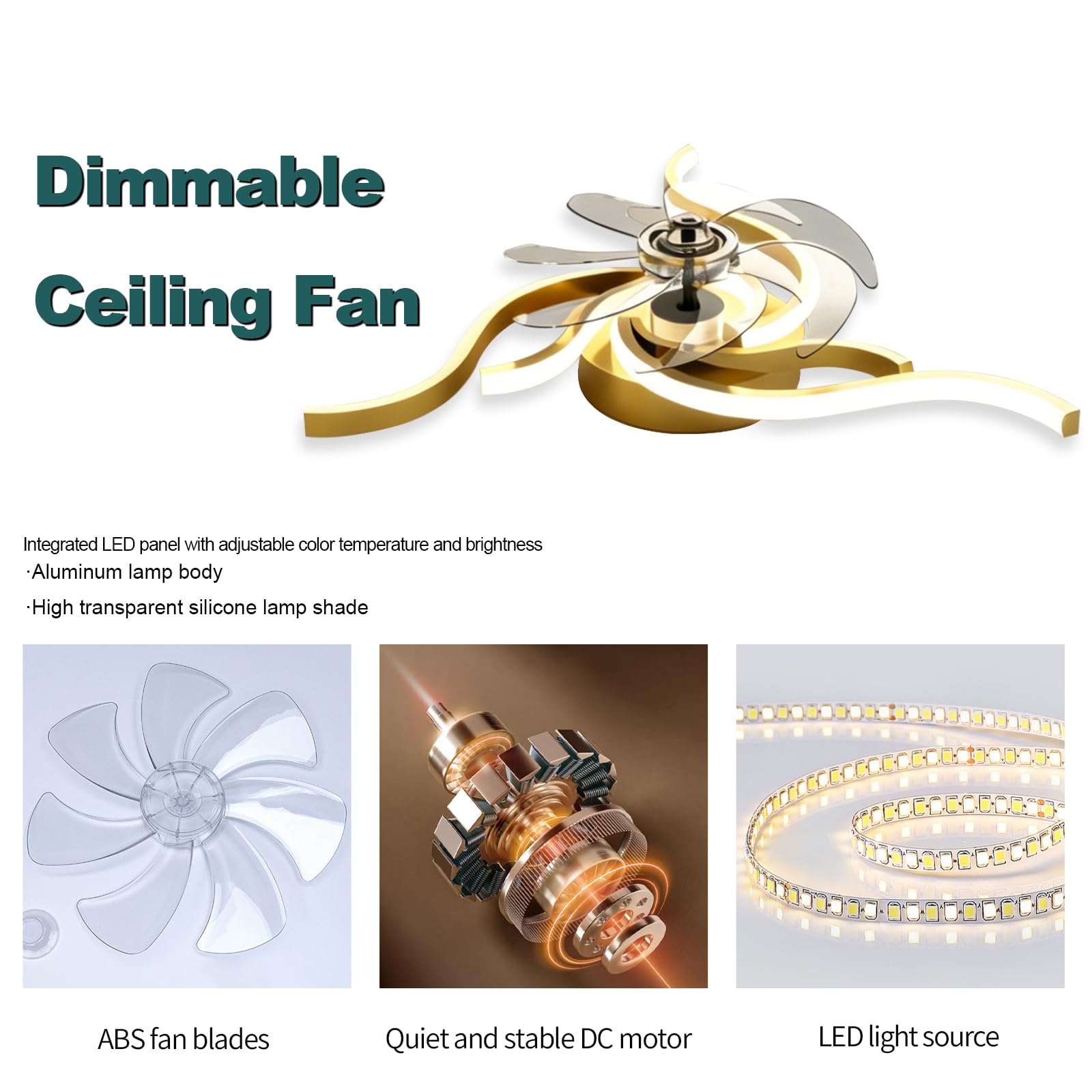 60 cm LED Deckenleuchte mit Ventilator spiralförmig Moderne Dimmbare Deckenventilatoren 6-Speed Lampe mit Ventilator Mit Fernbedienung App Timer Leiser für Schlafzimmer Esszimmer Büro (Gold)