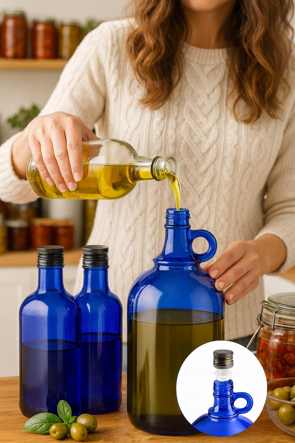 lilawelt24 Blaue Glasflasche 1 L mit Ausgießer & Schraubverschluss – Vorrats-Flasche für Öl, Essig, Likör & Getränke (8x 1L)