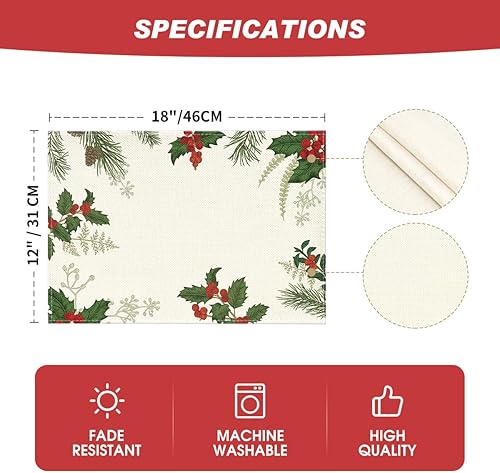 Miniatura 6 de Artoid Mode Holly - Juego de 4 manteles individuales de Navidad con cono de pino de 12 x 18 pulgadas, manteles individuales de invierno para