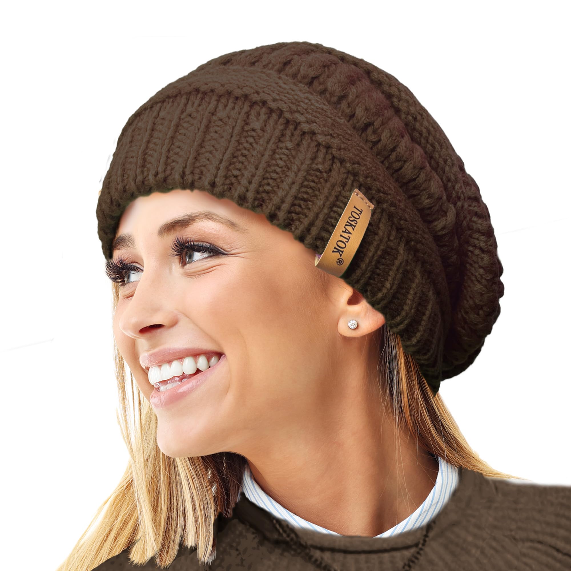 TOSKATOK Ladies Warm Slouch Knit Winter Beanie Hat with Supersoft Velour Thermal Lining ski Cap-Chocolate