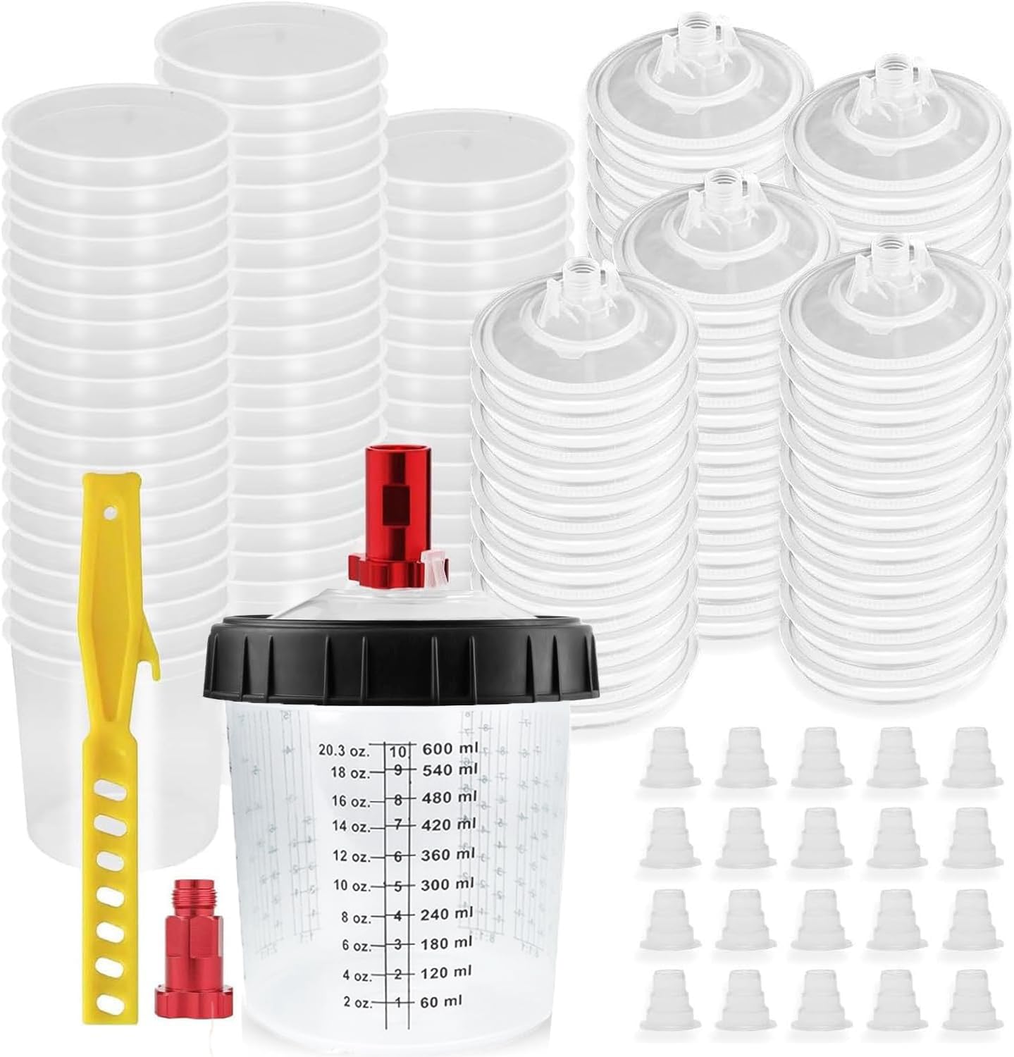 600ml Spritzpistolenbecher Set, Messbecher für lackierpistole, mit 50 Deckeln und 50 Einlagen, 20 Stopfen, 2 Adapter, 1 Hartbecher und Haltering